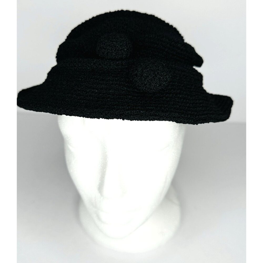 VTG Handmade Womens Black Boucle Knit Cloche Hat Pom Poms Brimmed Winter Lined